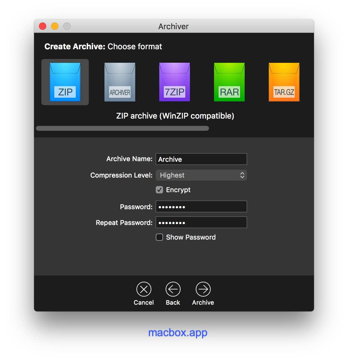 Archiver 文件加密功能
